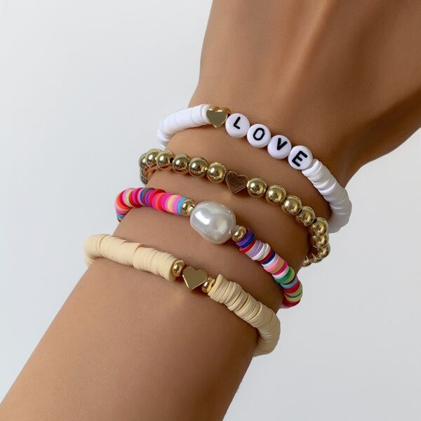 

4pcs Faux Pearl Decor Beaded Bracelet, Multicolor