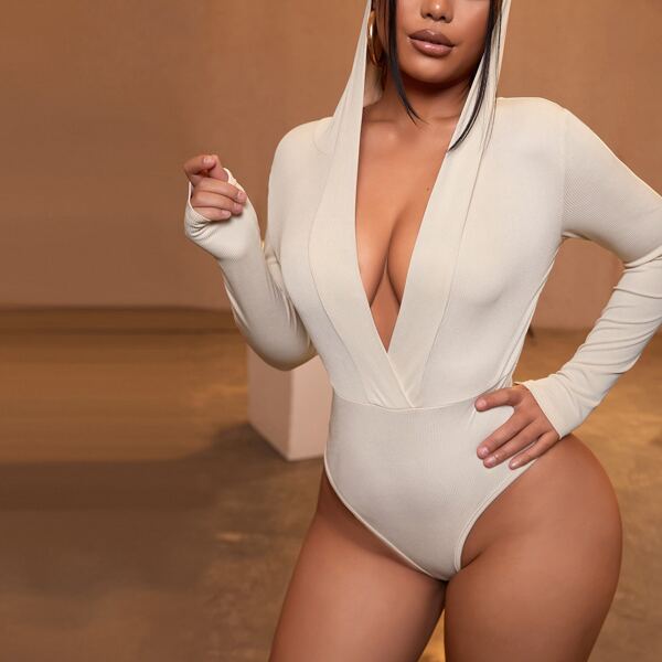 

Plunging Front Hooded Bodysuit, Beige