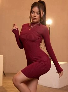 SHEIN SXY Vestido ajustado tejido de canalé de cuello alto - Burdeos - Ver 5