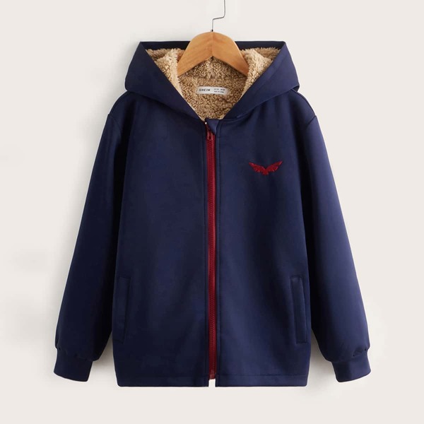 

Boys Eagle Embroidery Zip Up Teddy Lined Hooded Coat, Navy blue