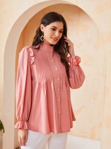 SHEIN BIZwear Solid Pleated Ruffle Trim Blouse - Coral Pink - View 1