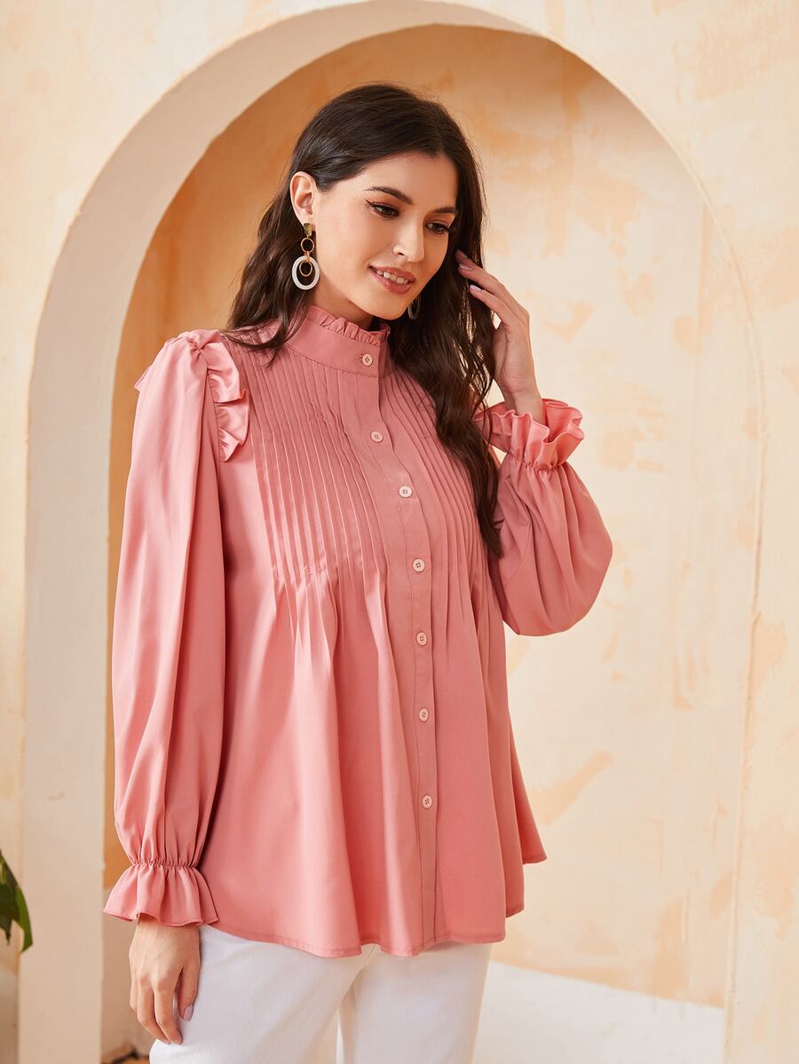 SHEIN BIZwear Solid Pleated Ruffle Trim Blouse - Coral Pink - View 1