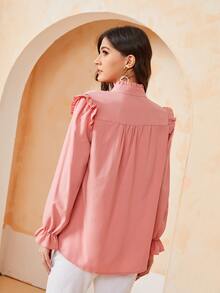 SHEIN BIZwear Solid Pleated Ruffle Trim Blouse - Coral Pink - View 2
