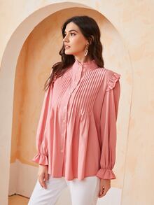 SHEIN BIZwear Solid Pleated Ruffle Trim Blouse - Coral Pink - View 3
