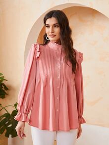 SHEIN BIZwear Solid Pleated Ruffle Trim Blouse - Coral Pink - View 4