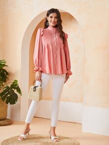 SHEIN BIZwear Solid Pleated Ruffle Trim Blouse - Coral Pink - View 5