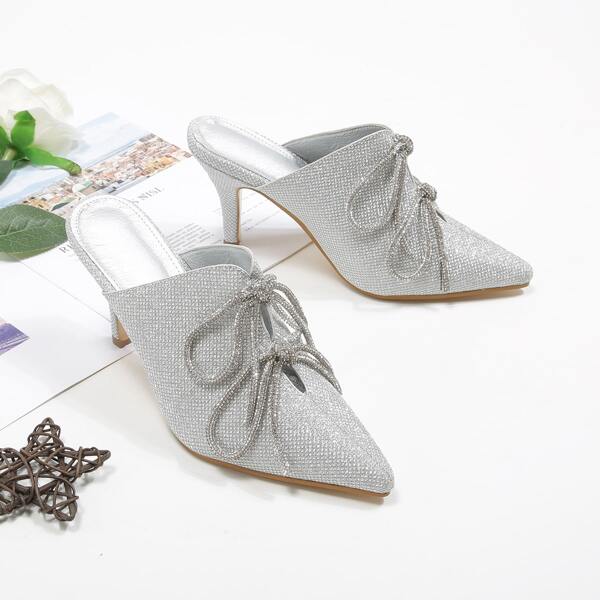 

Glitter Lace-up Front Stiletto Heeled Mule Pumps, Silver