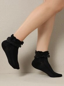 貝殼邊中筒襪 - 黑色 - 查看 1