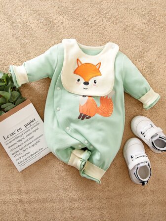 Yierying 嬰兒男女通用狐狸刺繡紐扣連身長褲帶圍兜