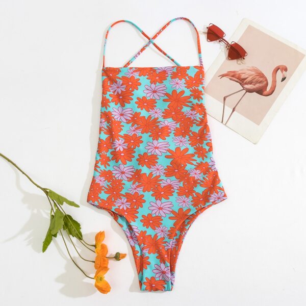 

Floral Print One Piece Swimsuit, Multicolor