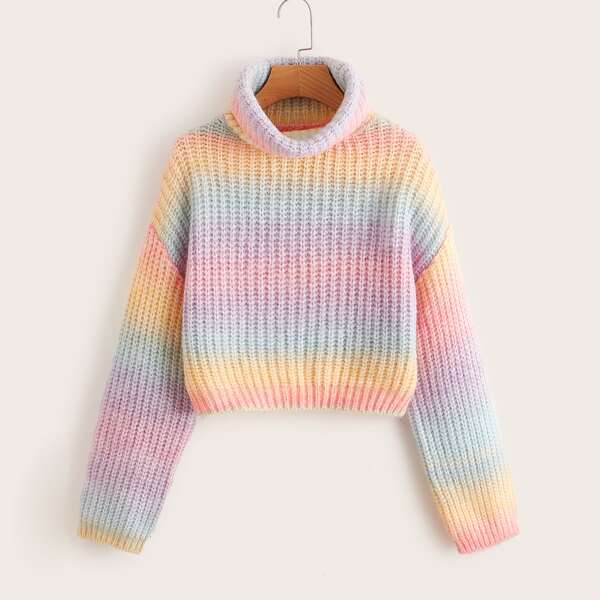 

High Neck Drop Shoulder Ombre Sweater, Multicolor