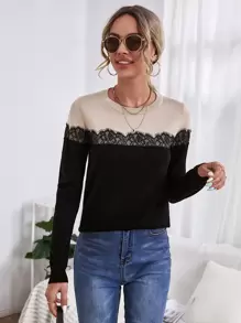 SHEIN Frenchy Contrast Lace Colour-block Jumper - Multicolor - View 1