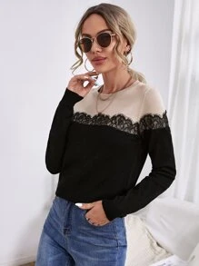 SHEIN Frenchy Contrast Lace Colour-block Jumper - Multicolor - View 3
