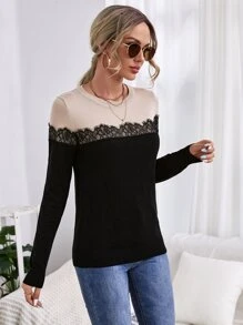 SHEIN Frenchy Contrast Lace Colour-block Jumper - Multicolor - View 4