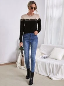 SHEIN Frenchy Contrast Lace Colour-block Jumper - Multicolor - View 5