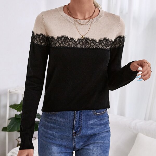 

Contrast Lace Color-block Sweater, Multicolor