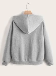 SHEIN EZwear 加大码拉链抽绳保暖内衬卫衣 - 淺灰色 - 查看 2