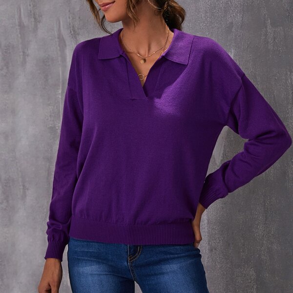 

Half Placket Drop Sleeve Sweater, Purple