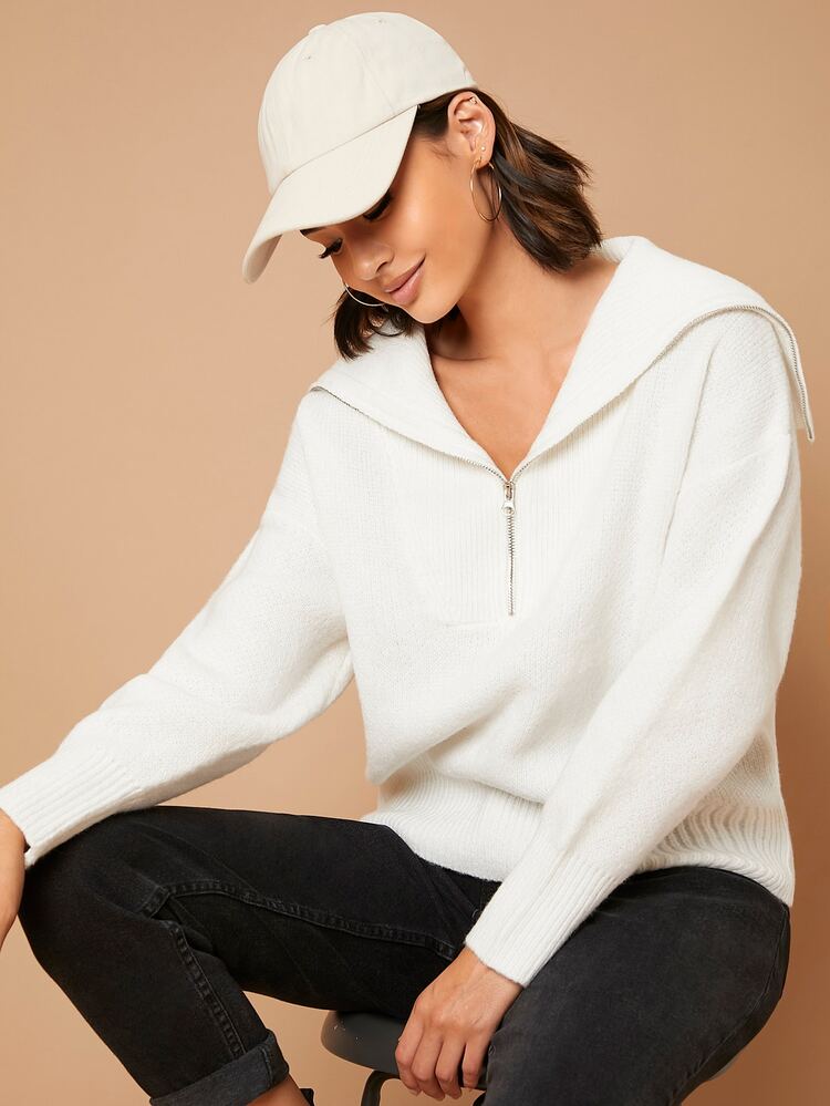 SHEIN Sailor Collar Quarter Zip Drop Shoulder Sweater | SHEIN USA