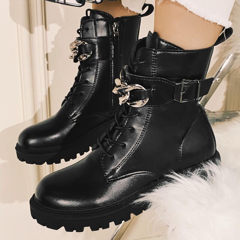 

Metal Decor Buckle Detail Lace-Up Front Boots, Black