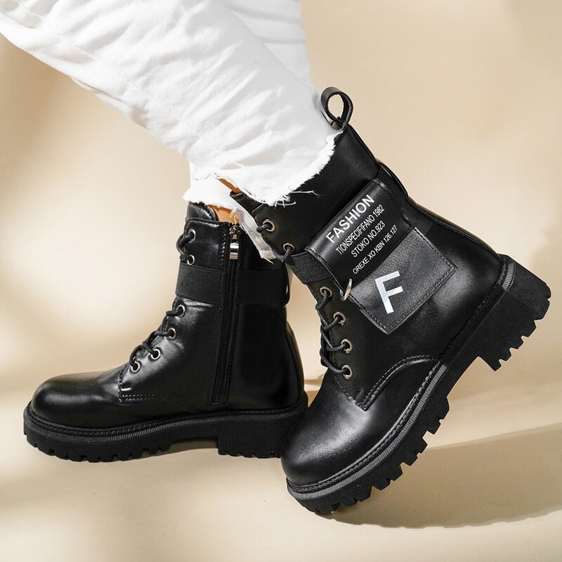 

Letter Graphic Lace-Up Front Boots, Black