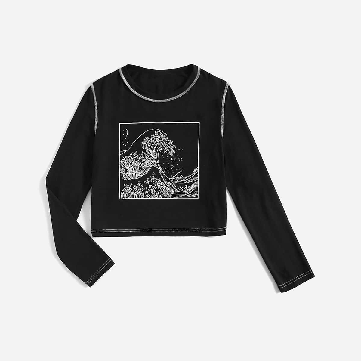 

Stitching Trim Wave Graphic Crop Tee, Black