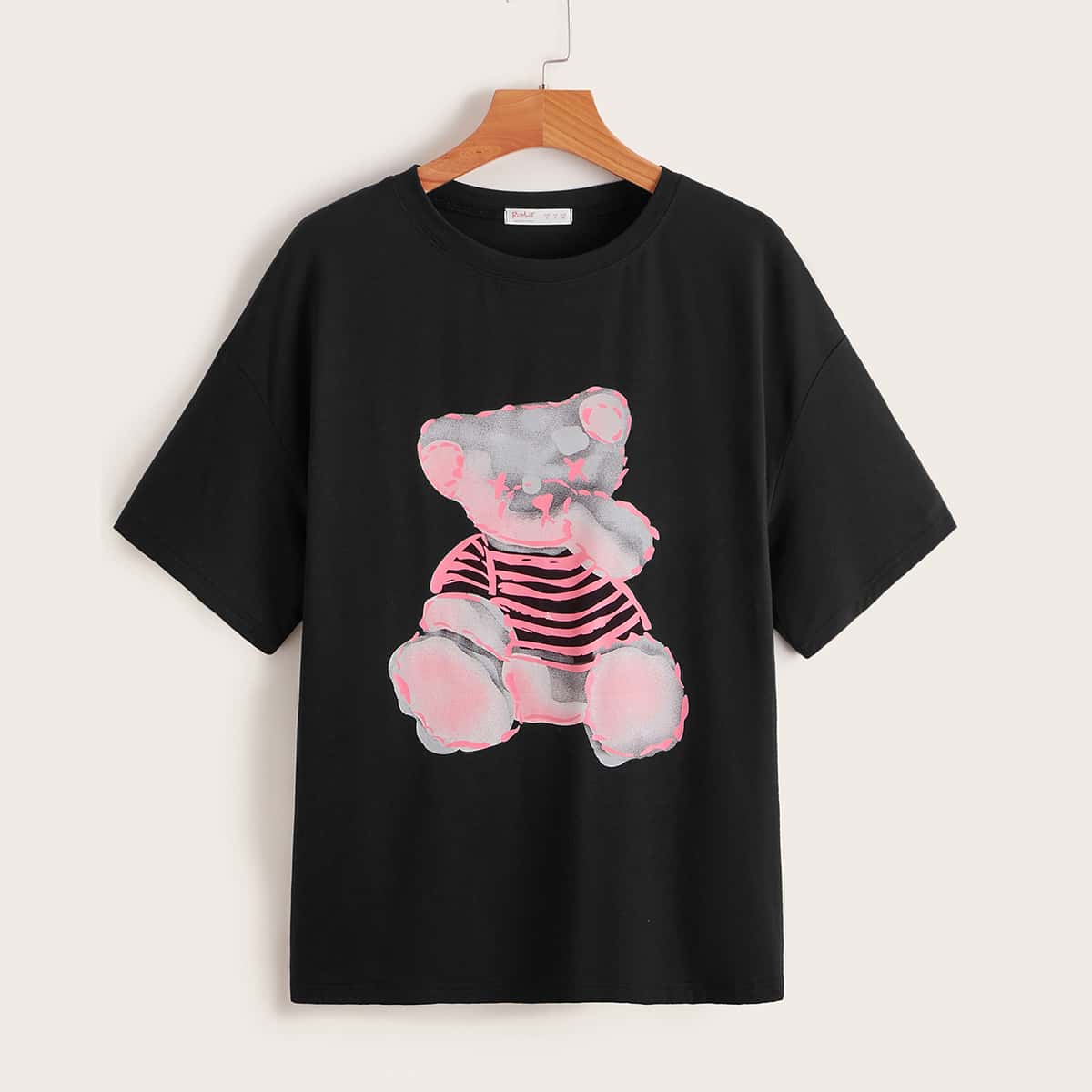 

Cartoon Bear Print Tee, Black