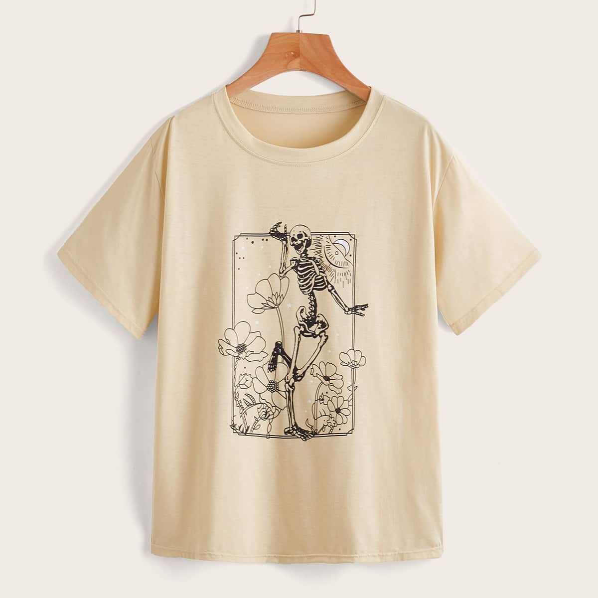 

Skeleton Floral Print Tee, Apricot