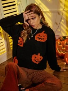 Halloween Pumpkin Pattern Round Neck Jumper - Black - View 1