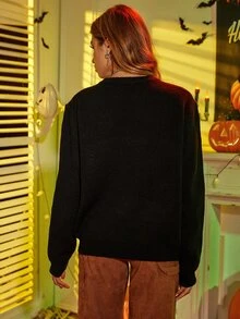Halloween Pumpkin Pattern Round Neck Jumper - Black - View 2