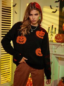 Halloween Pumpkin Pattern Round Neck Jumper - Black - View 3