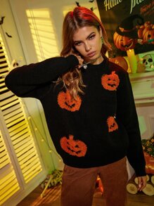 Halloween Pumpkin Pattern Round Neck Jumper - Black - View 4