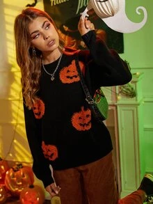 Halloween Pumpkin Pattern Round Neck Jumper - Black - View 5