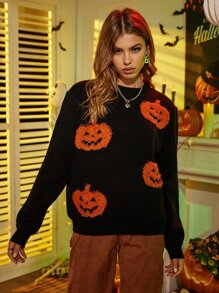 Halloween Pumpkin Pattern Round Neck Jumper - Black - View 6