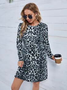 SHEIN Maternity Leopard Print Drawstring Waist Dress - Multicolor - View 1