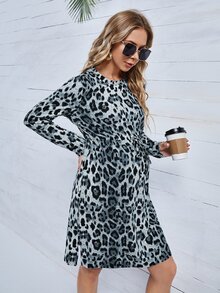 SHEIN Maternity Leopard Print Drawstring Waist Dress - Multicolor - View 3