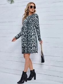 SHEIN Maternity Leopard Print Drawstring Waist Dress - Multicolor - View 4