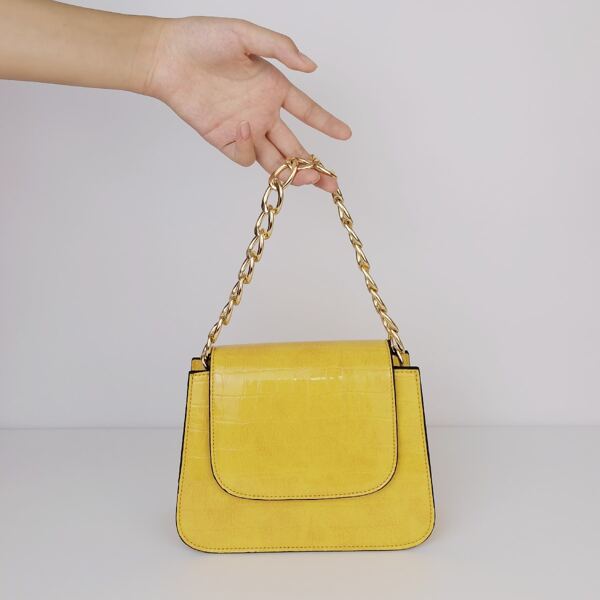 

Croc Embossed Flap Square Bag, Yellow