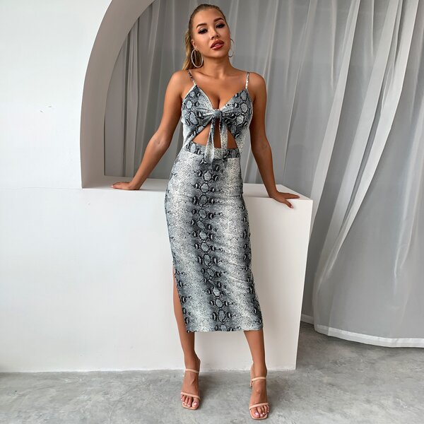 

Snakeskin Print Backless Cut Out Knot Front Split Hem Dress, Multicolor