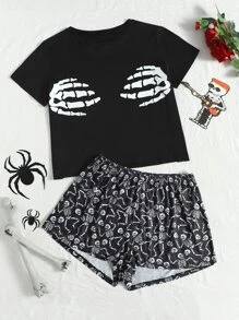 Conjunto de pijama Halloween estampado de cráneo - Negro - Ver 1