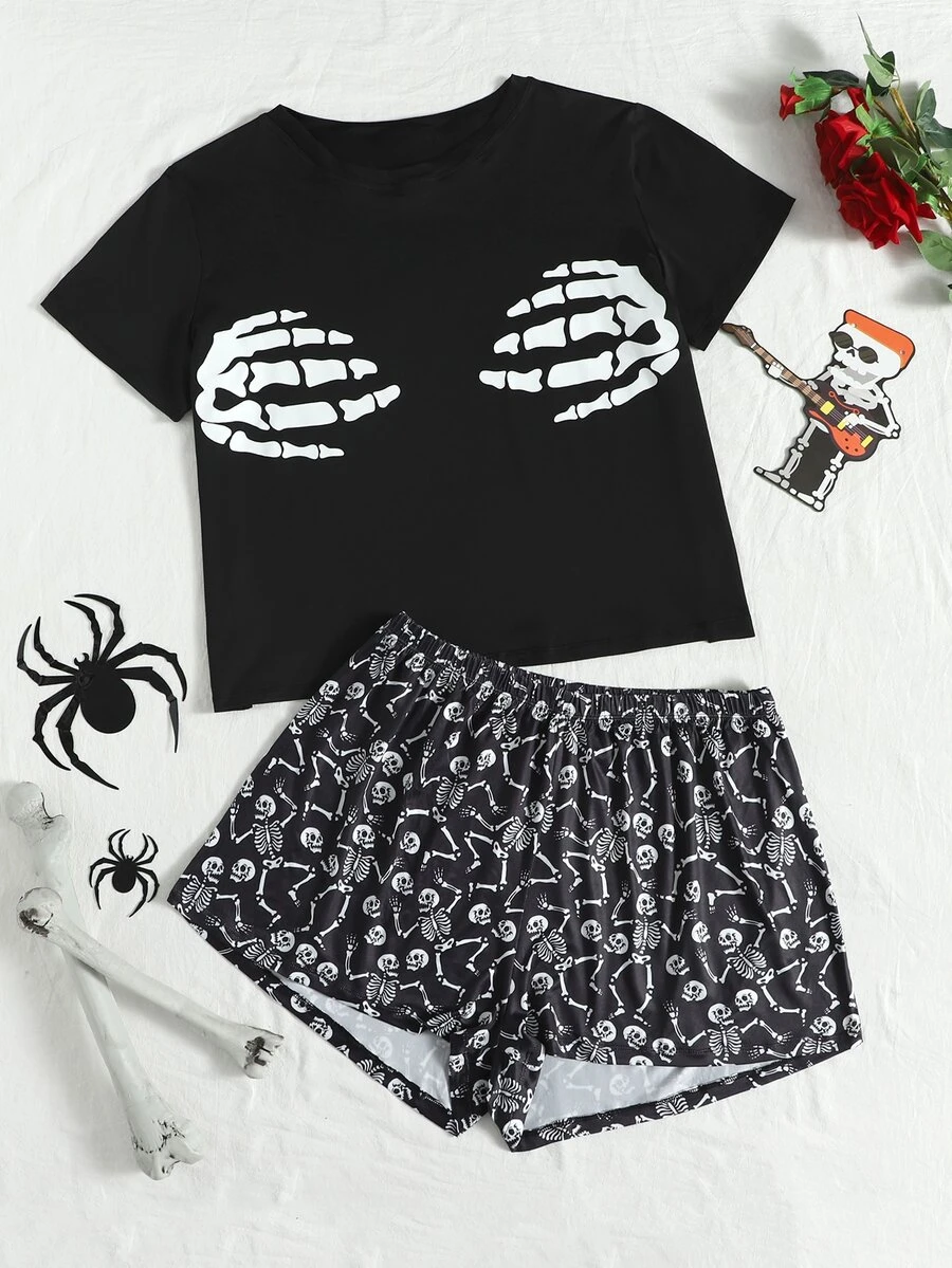 Conjunto de pijama Halloween estampado de cráneo - Negro - Ver 1