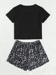 Conjunto de pijama Halloween estampado de cráneo - Negro - Ver 2