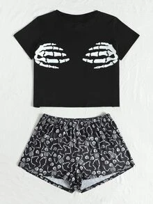 Conjunto de pijama Halloween estampado de cráneo - Negro - Ver 5