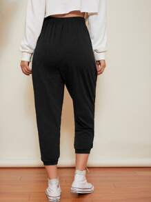 SHEIN LUNE Elastic Waist Slant Patch Pocket Capri Trousers - Black - View 2