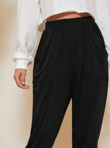 SHEIN LUNE Elastic Waist Slant Patch Pocket Capri Trousers - Black - View 4