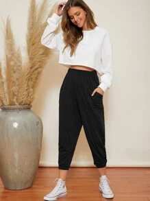 SHEIN LUNE Elastic Waist Slant Patch Pocket Capri Trousers - Black - View 5