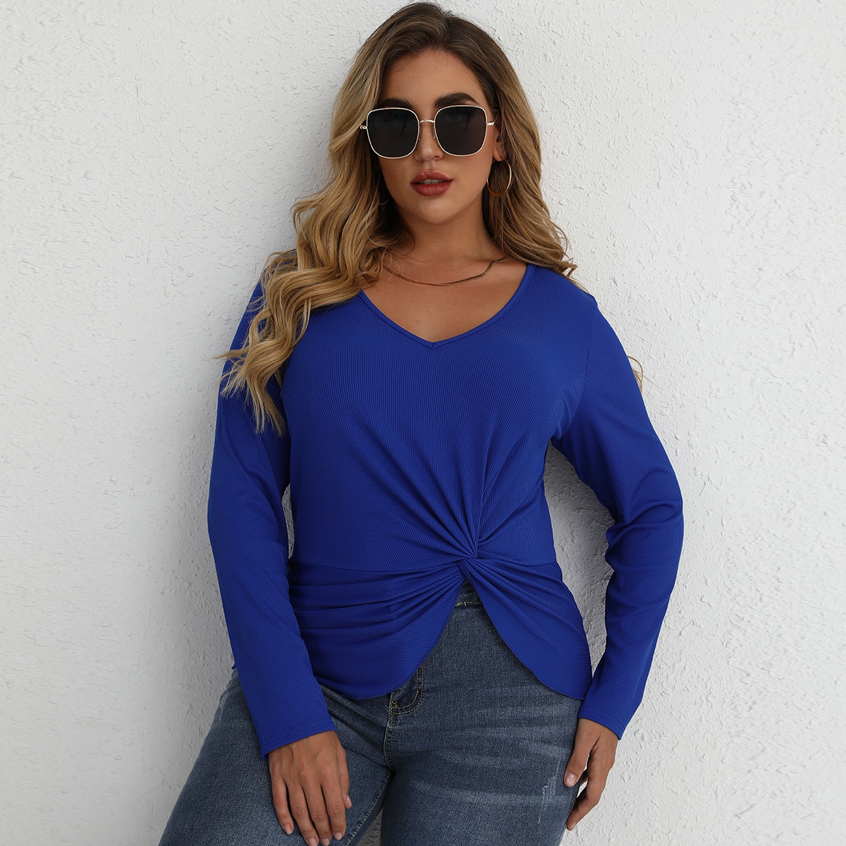 размера плюс Футболка с драпировкой вязаный в рубчик