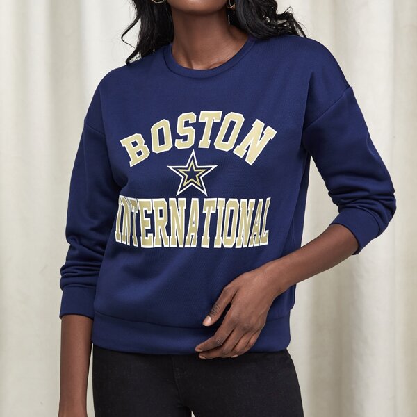 

Letter & Star Print Drop Shoulder Sweatshirt, Navy blue