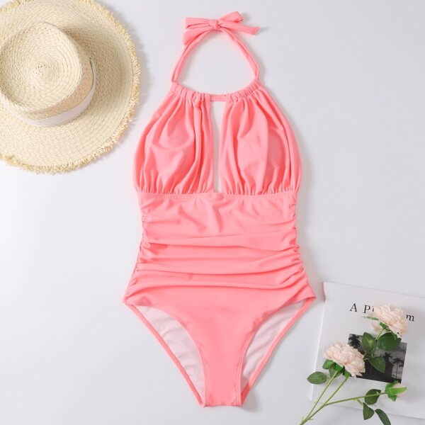 

Plain Ruched Halter One Piece Swimsuit, Pink