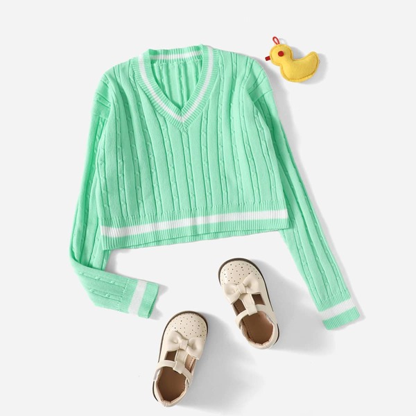

Girls Striped Pattern Cable Knit Sweater, Green